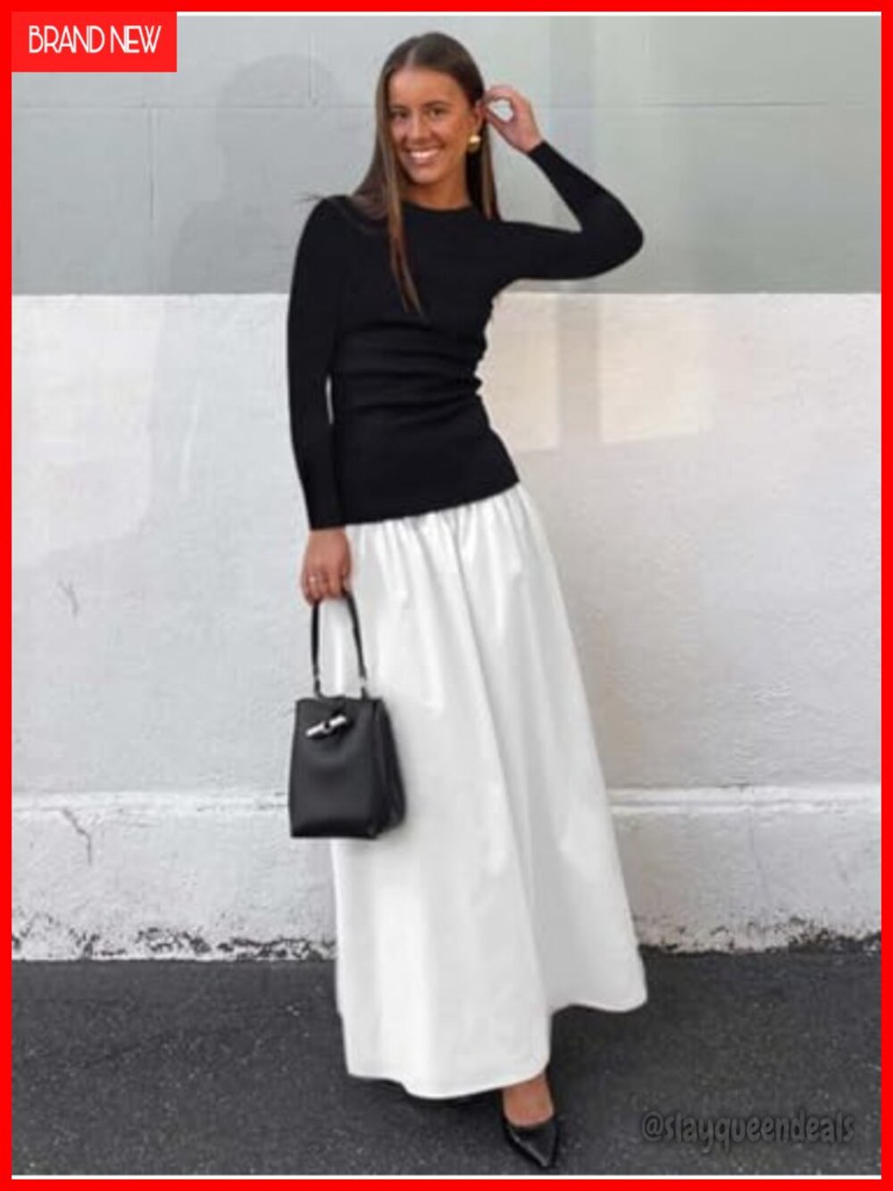 Women's Long Sleeve Patchwork A-Line Maxi Dress - Picture 2 of 3